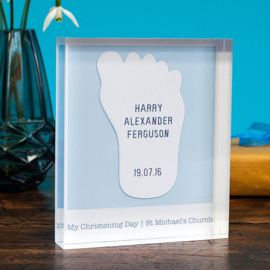 Personalised Christening Acrylic Block, Powder Blue/Blue/Dusky Pink