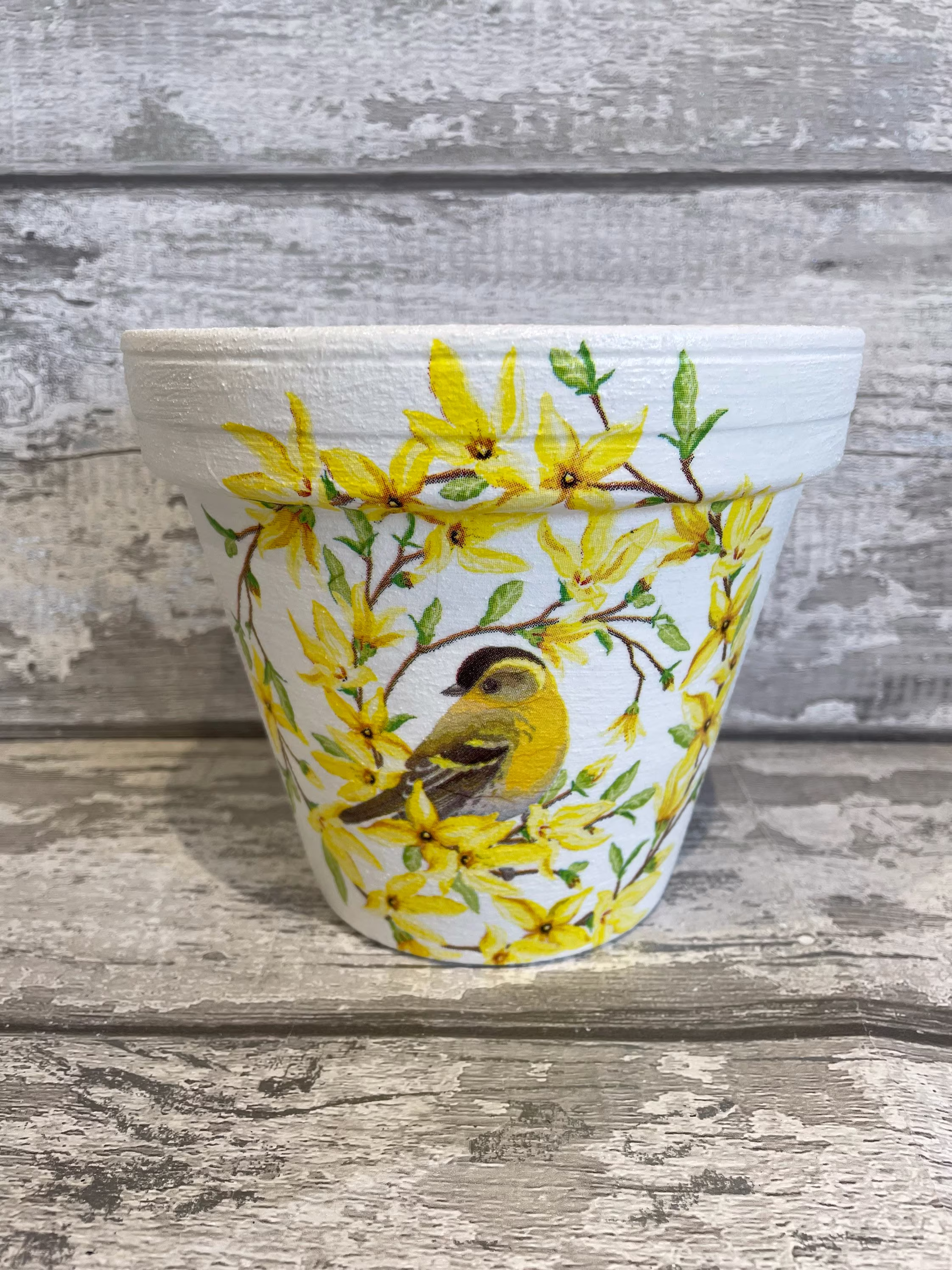 Yellow Bird Plant Pot For Inside Or Out Decoupaged, Hedgehog Gifts , Garden