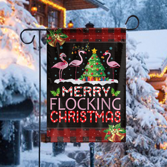 Flamingo Dancing On Snow Flag, Merry Flocking Christmas Seasonal Outdoor Lover Pink House Flag