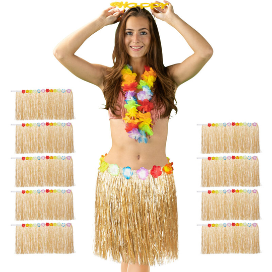10 x Hawaiian Skirt, Colorful Hibiscus Flower, With Zip, Unisex, 50 cm, Natural - Relaxdays