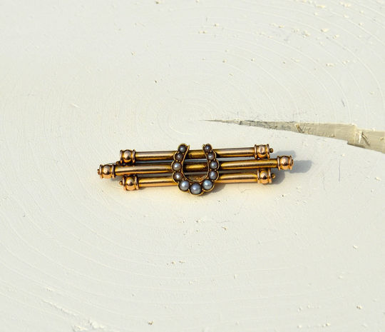 15Ct Gold Bar Brooch, Seed Pearl Pin, Horseshoe Antique Jewellery, Gifts For Her, Equestrian Lovers
