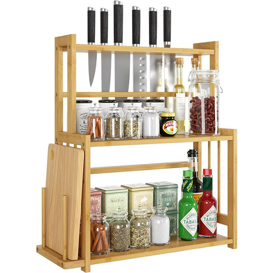 Gizcam - Bamboo Kitchen Storage, 3 Tier spice Herb Rack Holder Free Standing with Knife Holder & Chopping Board Rack, Slim Shelf for Bamboo Kitchen