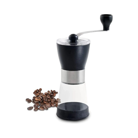 Manual coffee grinder with crank, Sturdy ceramic grinder, Infinitely adjustable grind level, Glass container with a capacity of 65 g of coffee powder