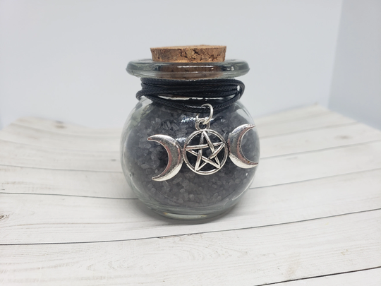 Wiccan Witchcraft Ritual Spell Casting 2 Ounces | 2Oz Black Sea Salt | Witch's Salt in Round Glass Bottle With Triple Moon Necklace