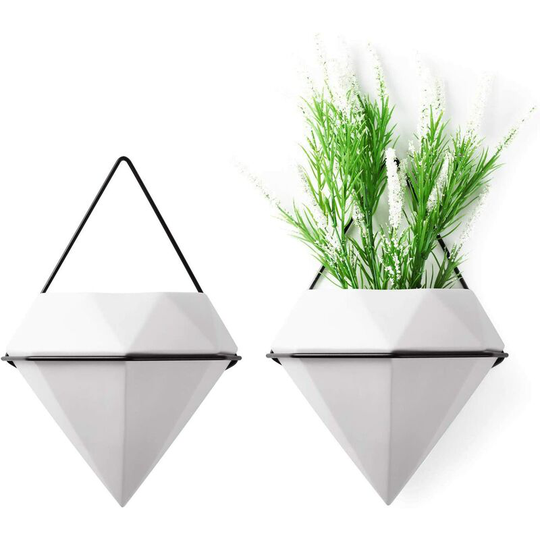 Devenirriche - Ceramic Wall Planter Wall Plant Holder Flower Pots Set of 2 - White Diamond Shape, Hexagonal Hanging Pot for Aloe Grass Orchid Wedding