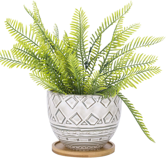 Ceramic Planter, Geometry Engrave Off White Brown Succulent Planter Flower Pot 5.5 Inch Large Round Bohemian