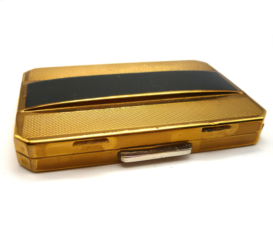 Rectangular Gold & Black Enamel Engine Turned Stratton Powder Compact