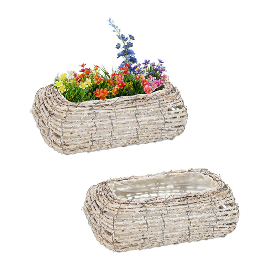 Relaxdays - Set of 2 Plant Pots, Rattan, Flower Baskets with Foil, hdw: 10x25x15cm, Indoors Curved Planters, White/Natural