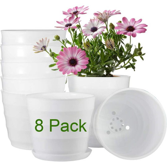 Briday - Flower Pots Indoor, 6 inch Plastic Flower Planters with Drainage Hole and Tray, Pack of 8 - Plants Not Included