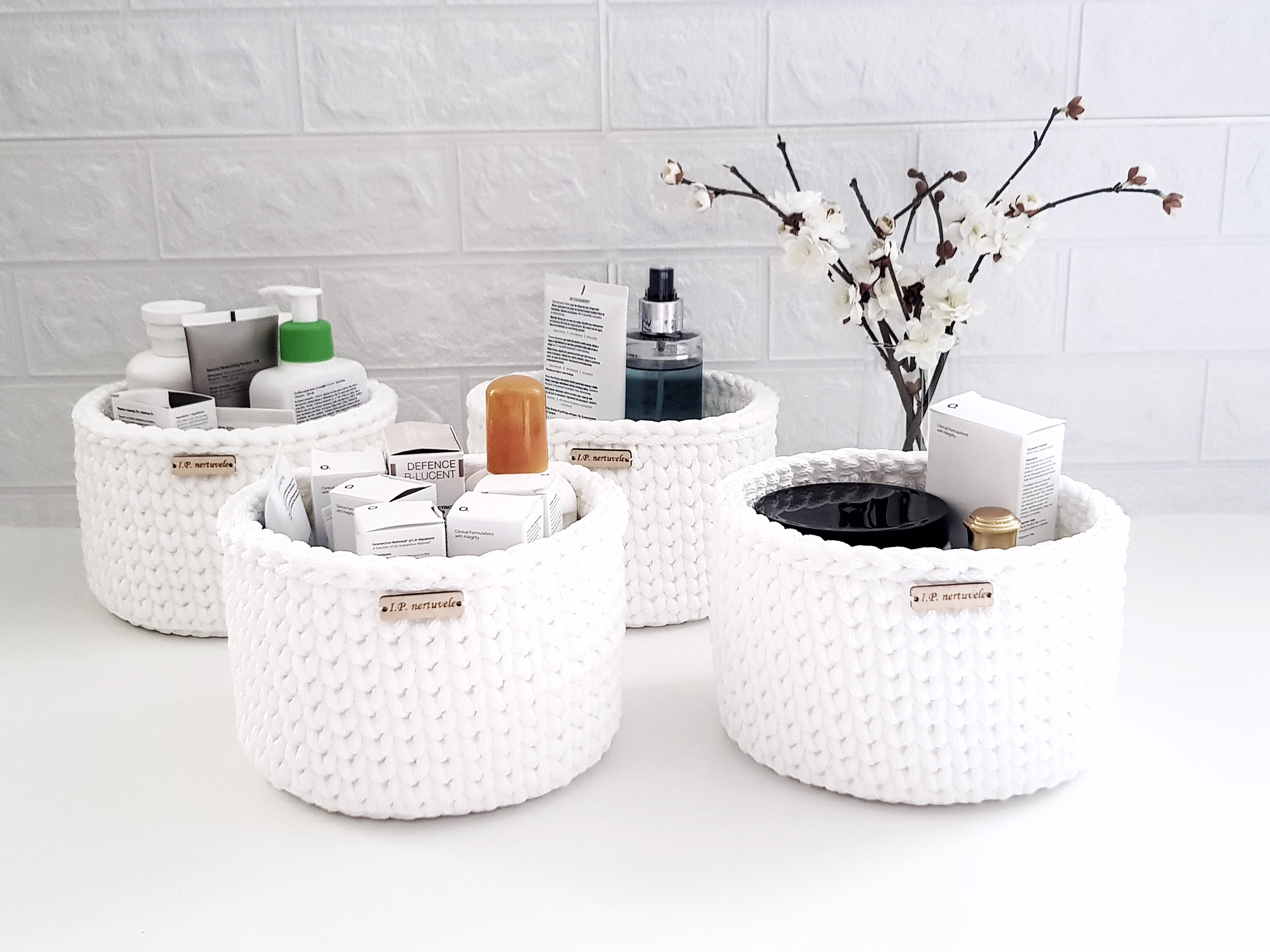Bathroom Basket Bin, Crochet White Organizer, Towels Basket, Cosmetics Handmade Stuff Storage, Rope Bowl