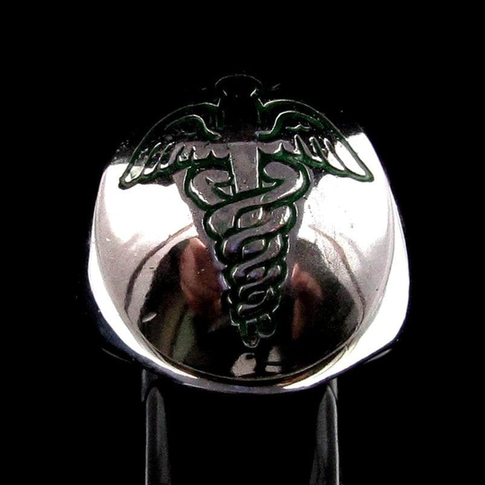Sterling Silver Caduceus Symbol Ring Winged Staff Of Hermes in Green Enamel High Polished 925 Unisex