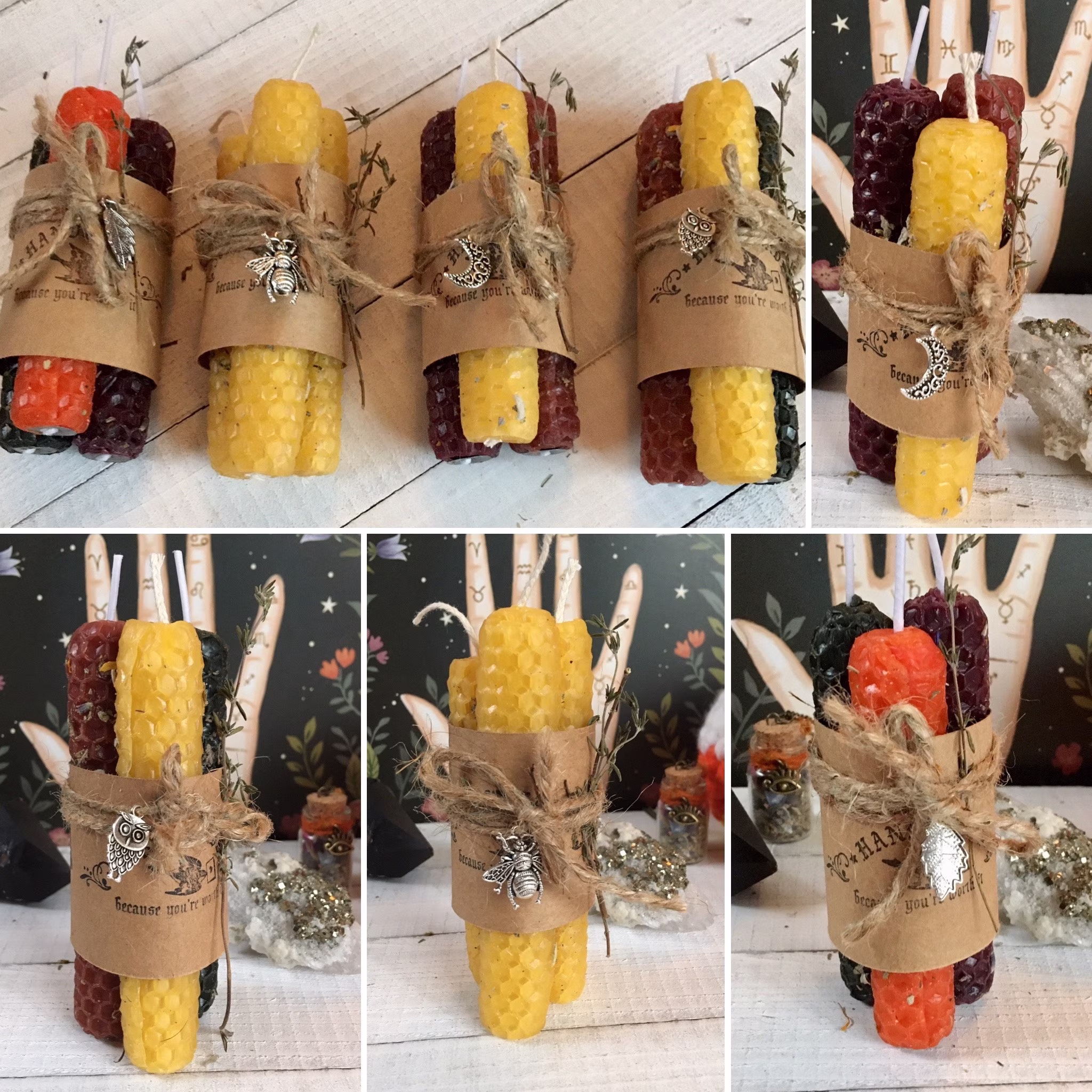 Beeswax Honeycomb Handrolled Dressed Anointed Mini Taper Spell Candle Autumn Samhain Fall Harvest