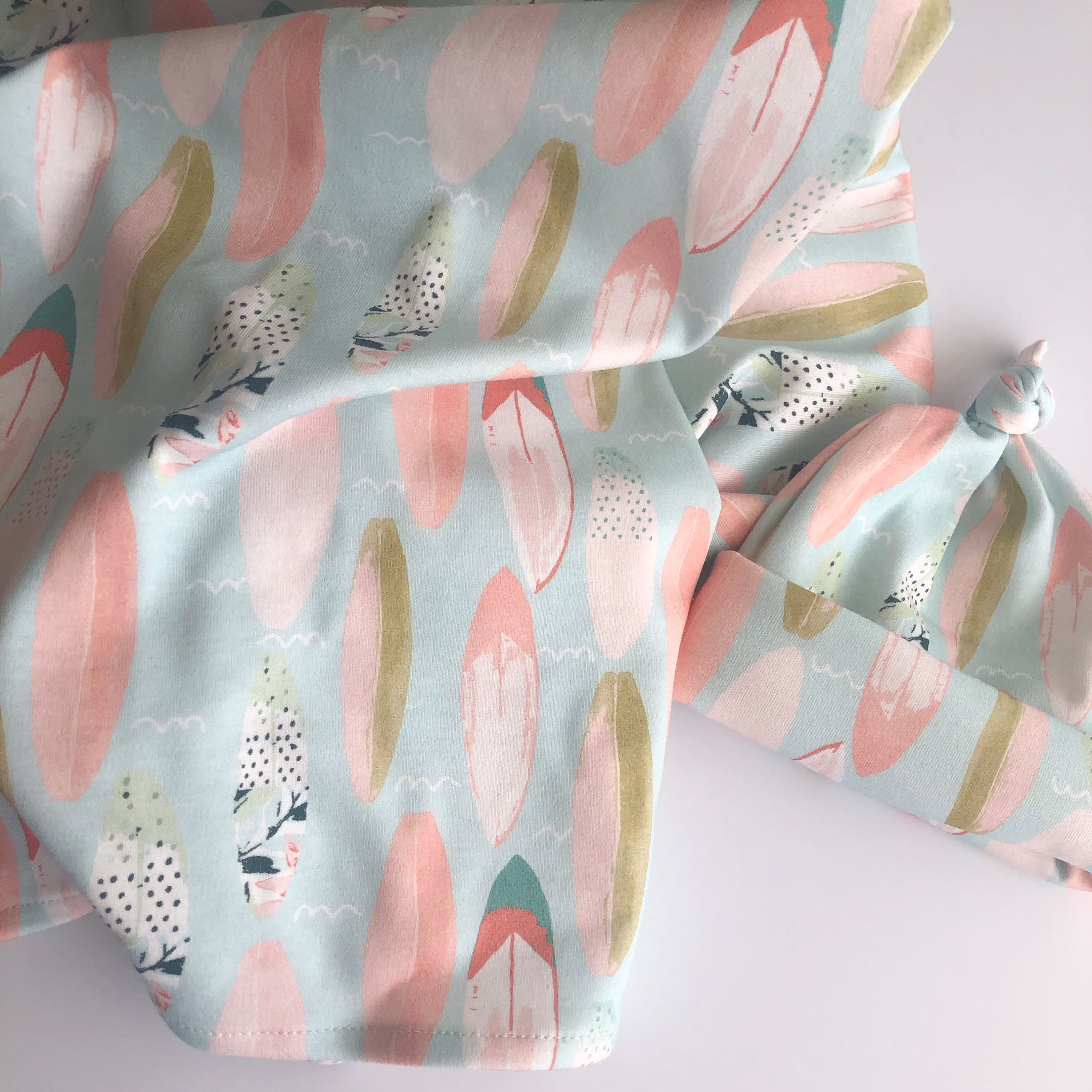 Baby Blanket & Hat Set Pink Surfboards, Hawaii Nursery, Beach Bedding, Organic Surfer Girl Gift, Shower