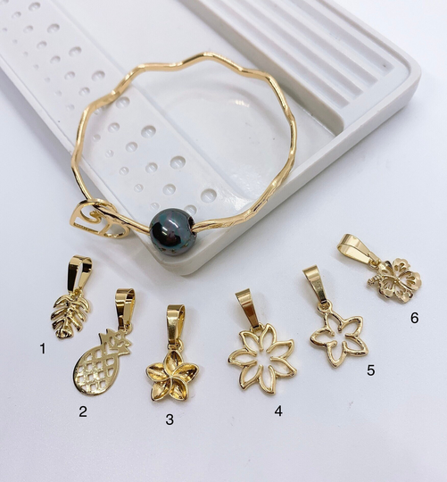 Wavy Bangle With Heart Wave Charm & Peacock/Rainbow Shell Pearl Add On Plumeria Pineapple Tiare Monstera Leaf Hibiscus