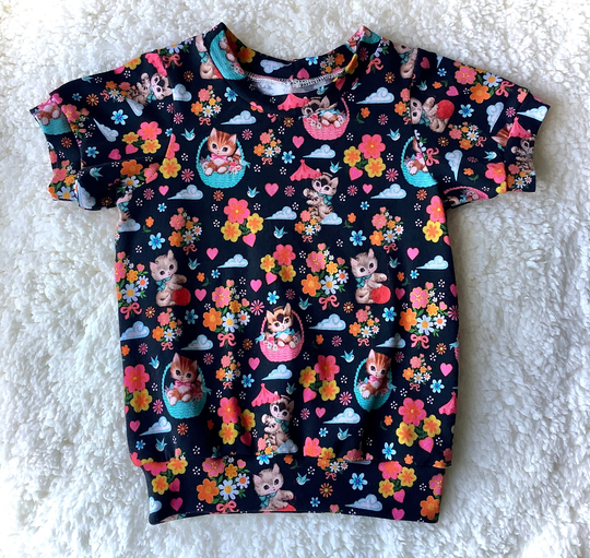 Baby Girls Organic Cotton Jersey Top, 12-18 Months, Cat T-Shirt, Toddlers Kitten, Handmade, 1st First Birthday, Gift Idea For Lover