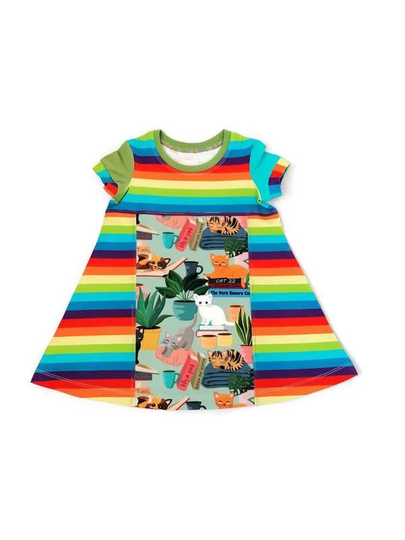Organic Cotton Cat Dress, Kids Gifts, Cat Lovers, Colour Blocked Rainbow Unisex Baby Clothes, Print Clothing