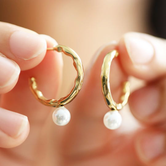 Organic Hoop Earrings With Pearl in Gold Chunky Hoops Pearls
