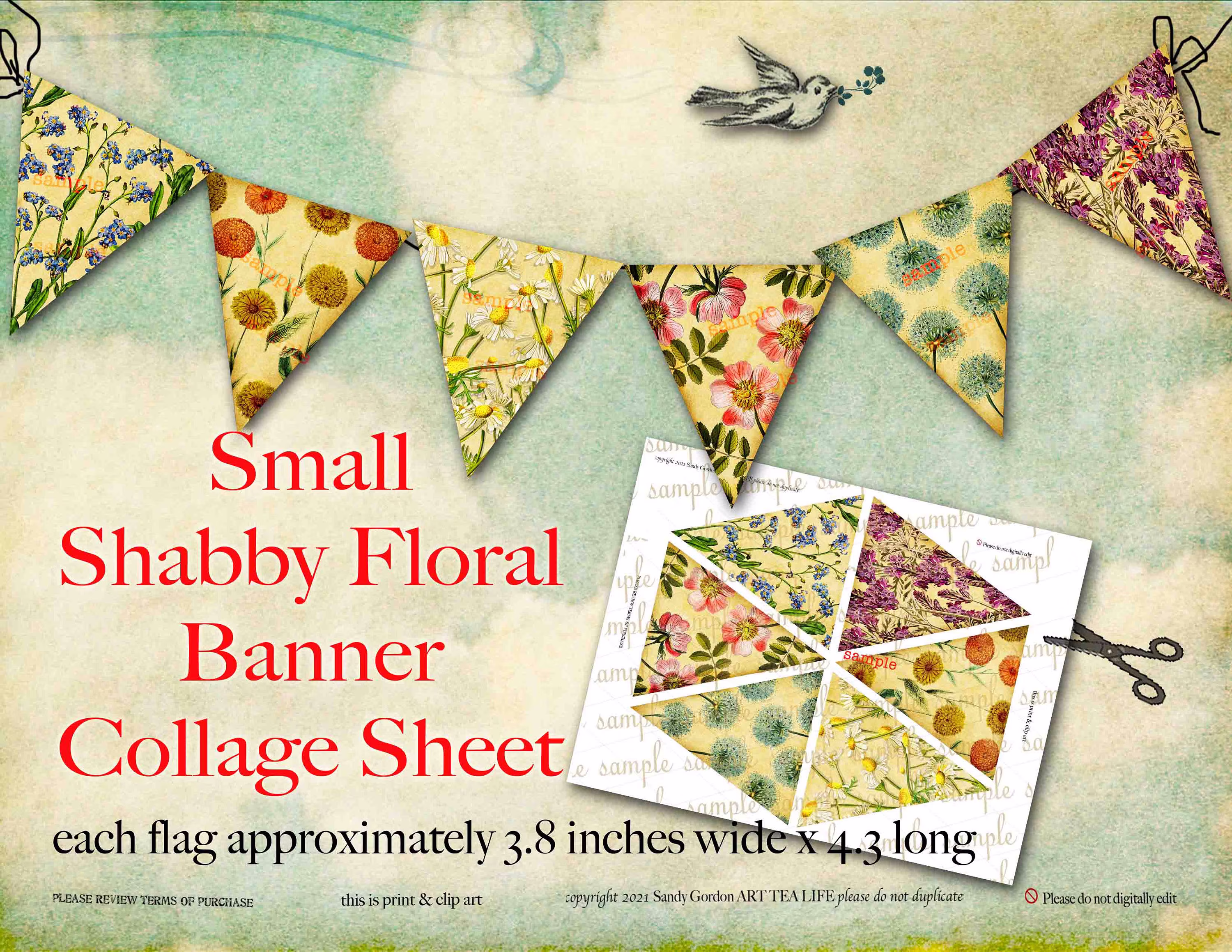 Art Tea Life Small Shabby Floral Banner Flags Digital File Collage Sheet Party Invitation Vintage Decoration Office Herb Botanical Garland