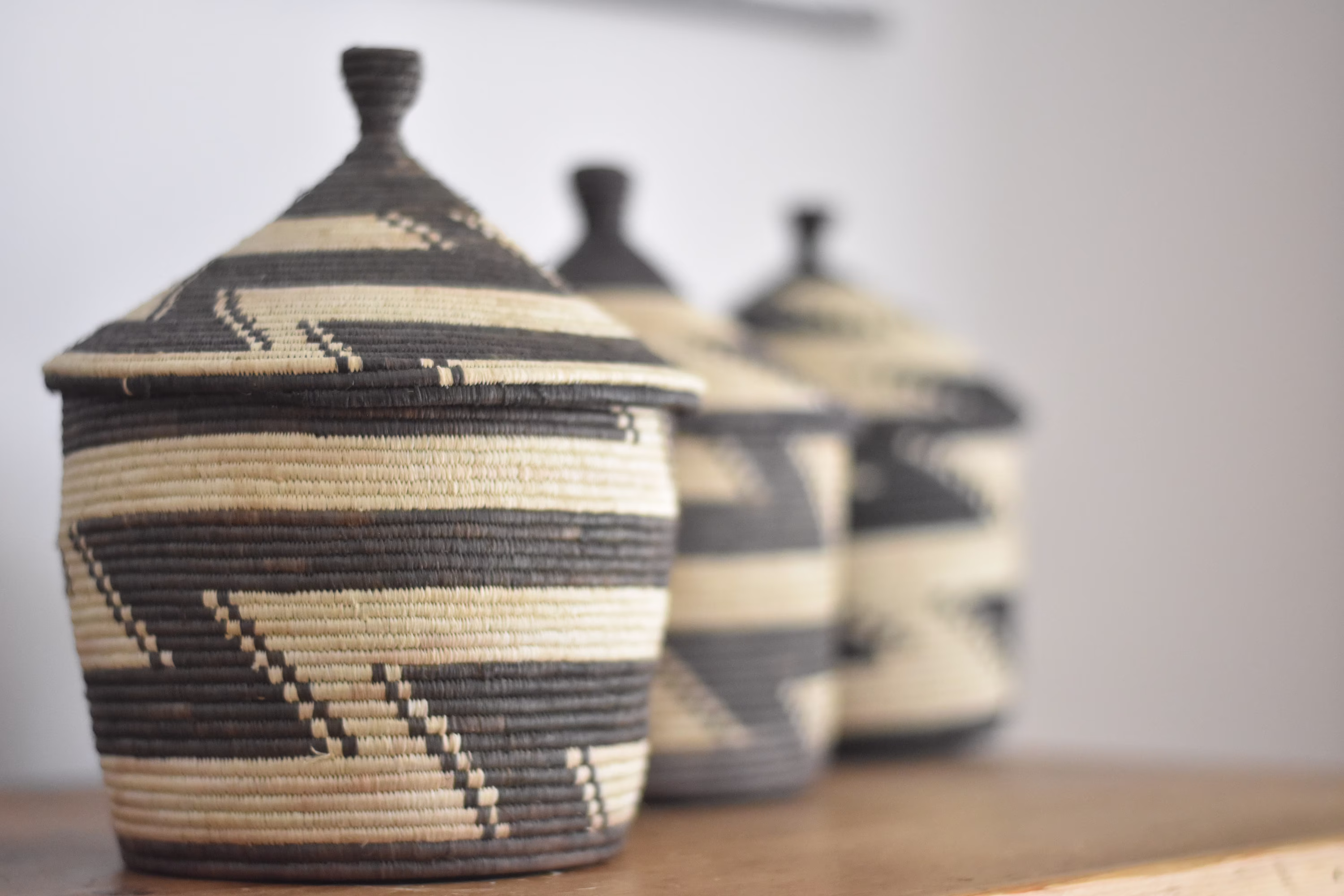 Ethnic Storage Baskets | Unique Monochrome Lidded Baskets, Ethical African Basket With Lid From Uganda