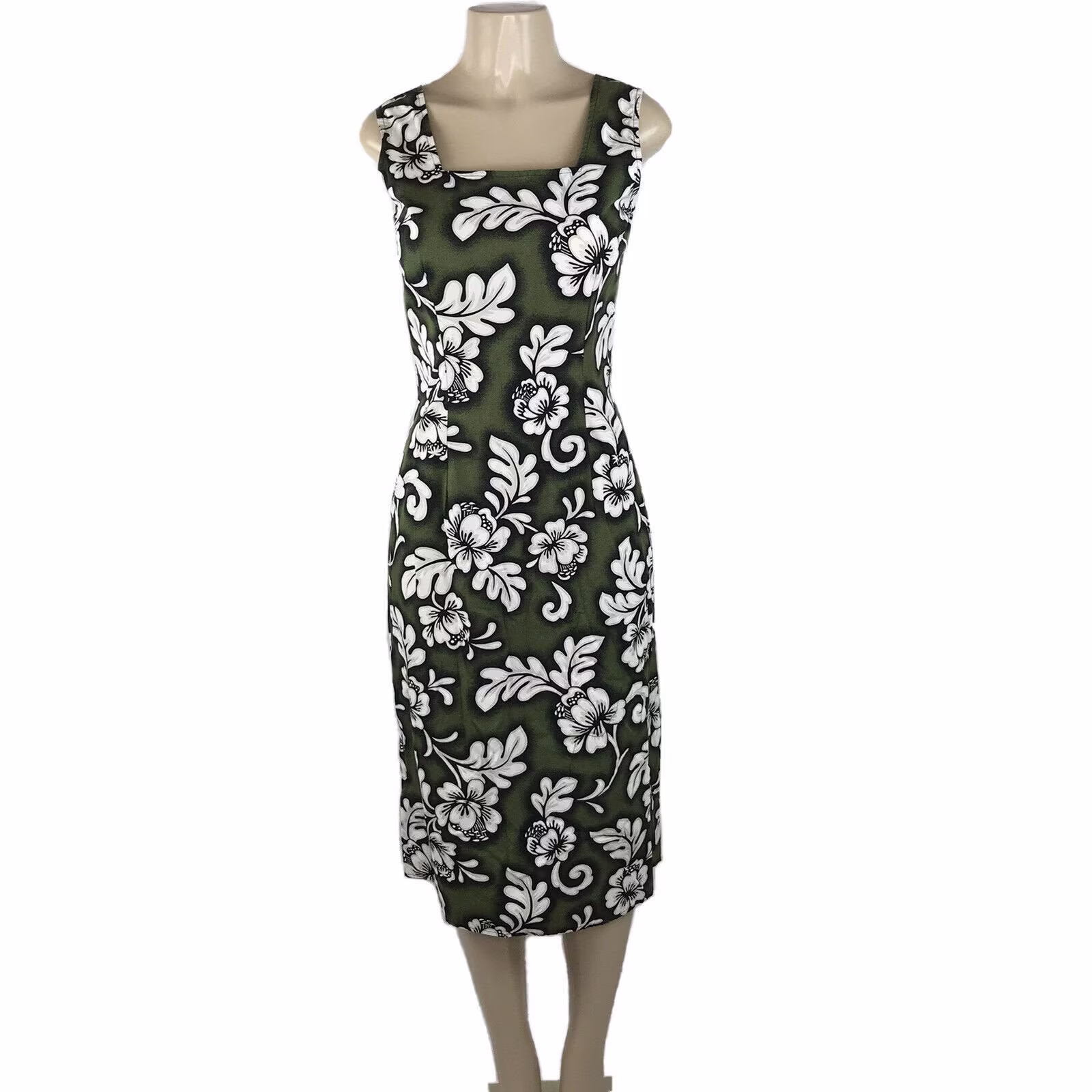 Vintage Hawaiian Dress Size Medium Green Floral Midi Square Neck Fitted Cotton Luau Hibiscus Sleeveless Sundress Kahuku Made in Hawaii
