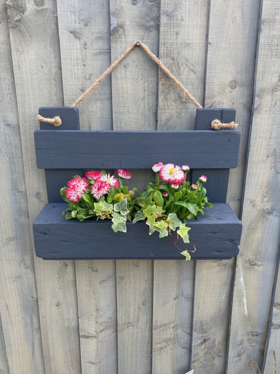 Handmade Rustic Hanging Garden Planter, Christmas Gift For Gardener, Herb Garden, Wall Fence Planter, Charcoal Grey, Pallet Wood, Planter