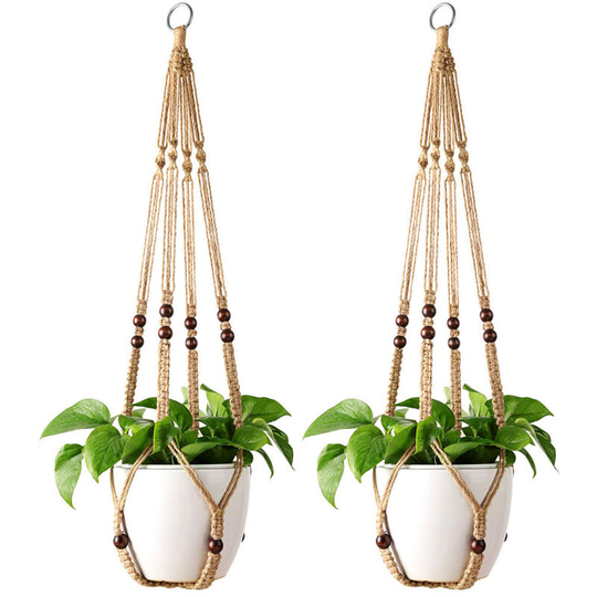 Kartokner - 2 pieces Plant Hanger Hanging Basket for Indoor Planter Flower Pot Holder Jute Rope with Beads 89cm/35 Inches