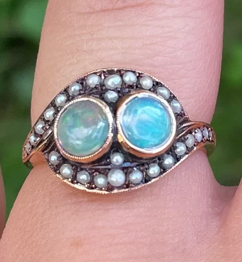 Rare Victorian 14Kyg Opal & Seed Pearl Ring