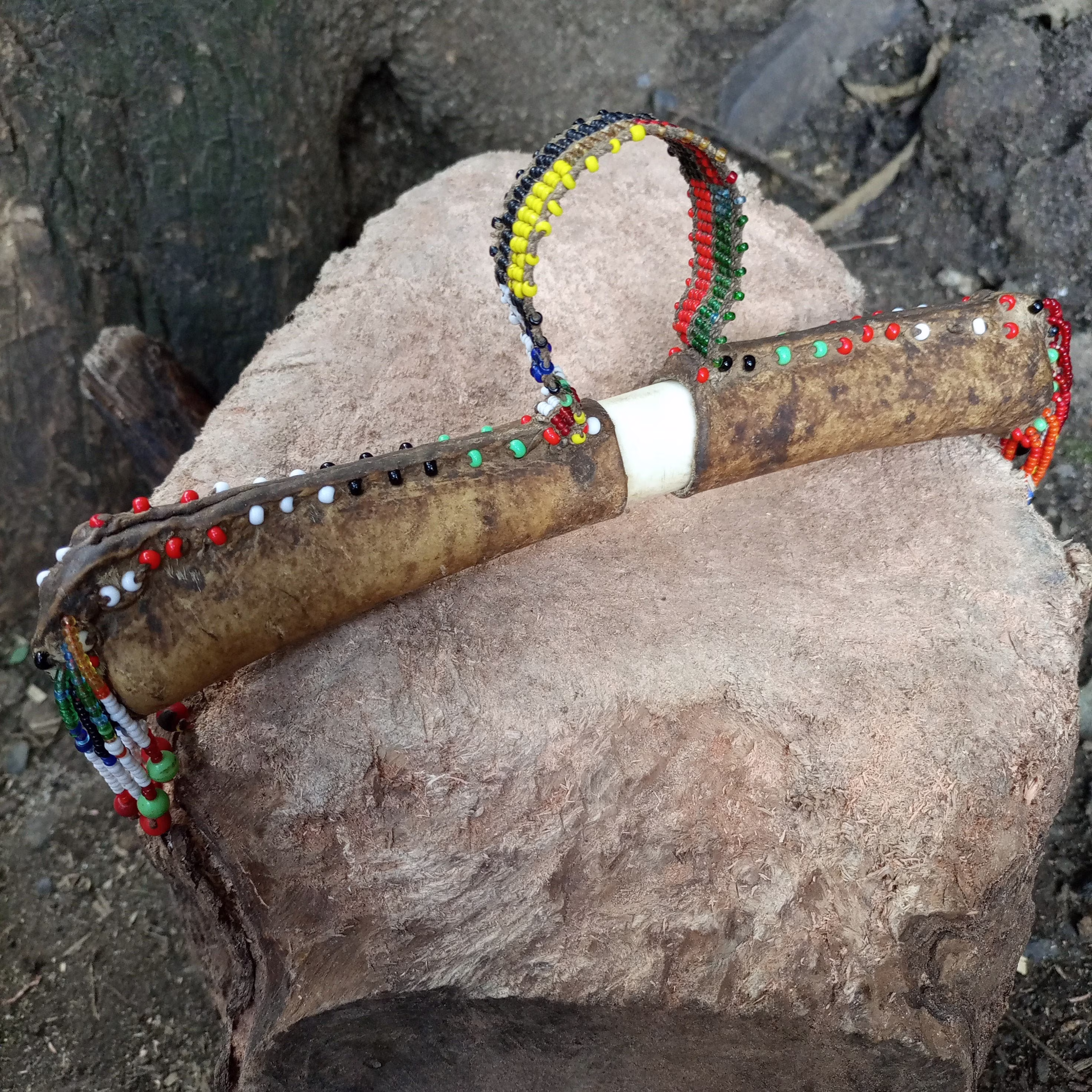 Vintage Turkana Beaded Leather & Horn Tobacco Herb Storage Container Antique Kenya African Art Multicolor Shelf Wall Hanging Used