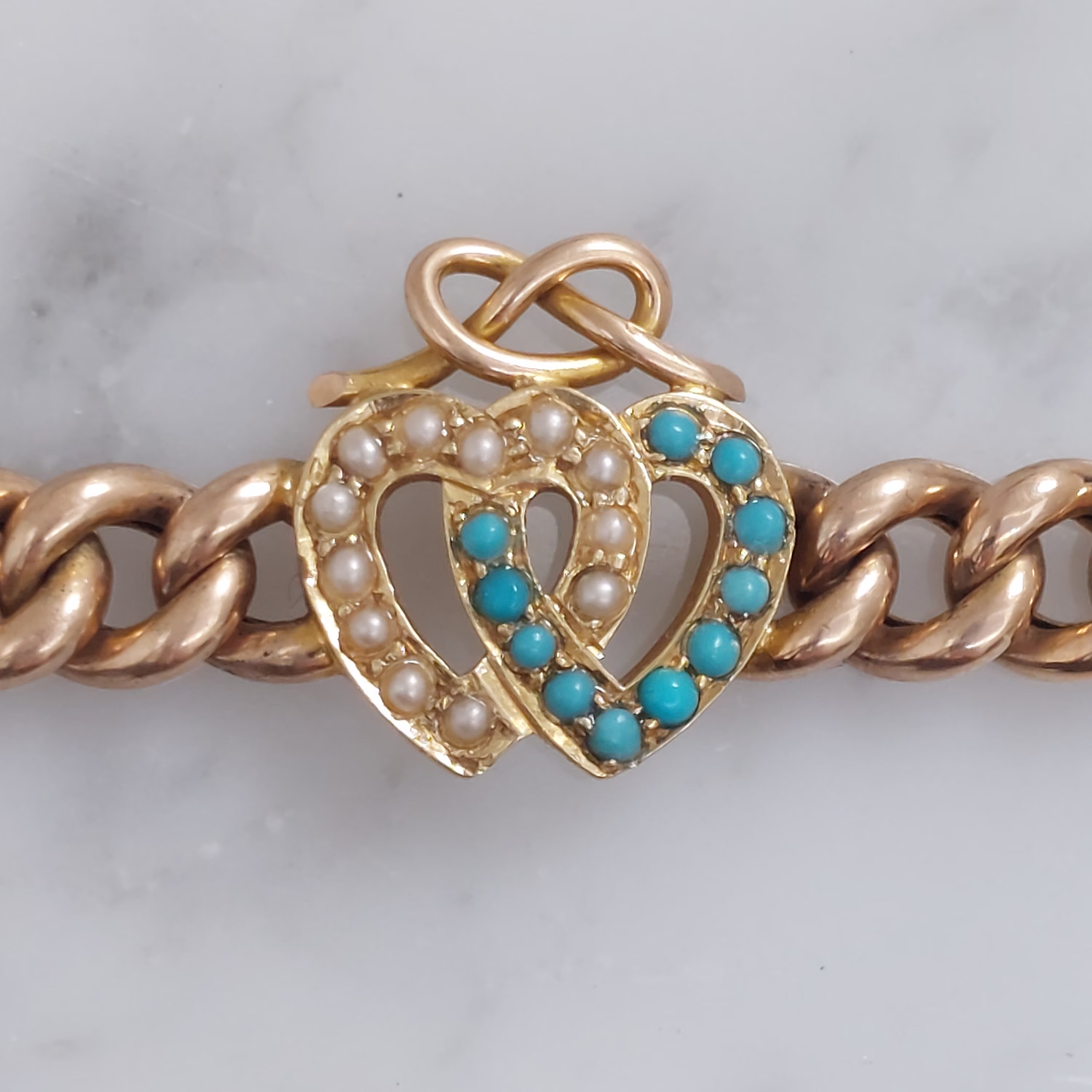 Antique Victorian Turquoise & Seed Pearl Heart Bracelet ~ 18Ct Gold Circa 1890