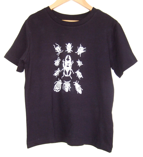 Bugs - Kids T Shirt Hand Printed Organic Cotton Dark Navy Blue With White Beetles & Bugs Print Climate Neutral Tee Size Small 5-6 Years