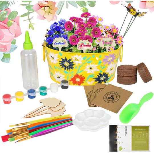 Painting Plant Flower Growing Kit-Preschool Garden Play Toy - Gardening Iron Hanging Flower Pots diy - Garden Planter Metal Bucket Planting
