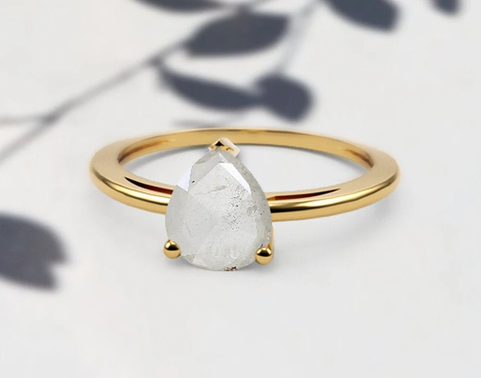 Natural Handmade 0.86 Carat White Stone Pear Shape Diamond, Salt & Pepper Ring in 14K White, Yellow & Rose Gold