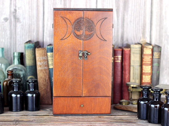 Wooden Apothecary Cabinet Engraved With Triple Moon Goddess & Tree Of Life Symbol. Drawer 6 Brown Medicine Bottles Glass Stoppers