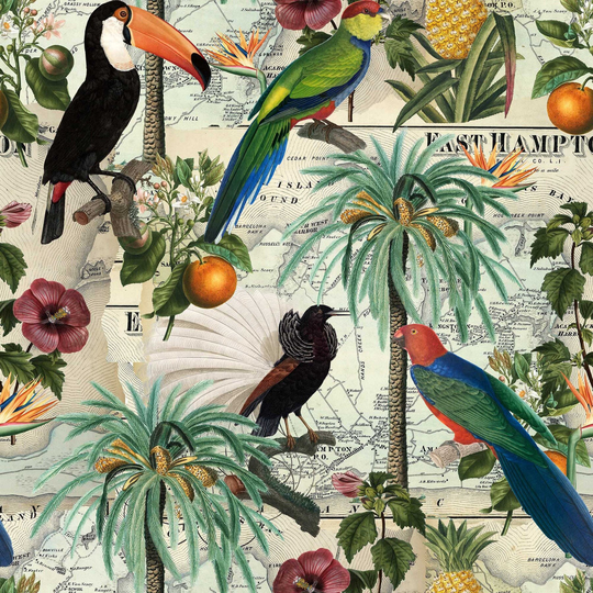 Tropical Birds Fabric - Parrots Toucans Palm Trees Caribbean Hibiscus Hamptons Exotic Travel 100% Lightweight Cotton