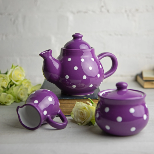 Purple Ceramic Tea Set, Handmade Teapot Small Teapot, Milk Jug, Sugar Bowl Stoneware Pottery With White Polka Dot