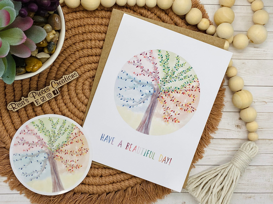 Glossy Watercolor Have A Beautiful Day Card, Greeting Card, Blank Cards, Card For Friend, Tree Of Life, Four Seasons