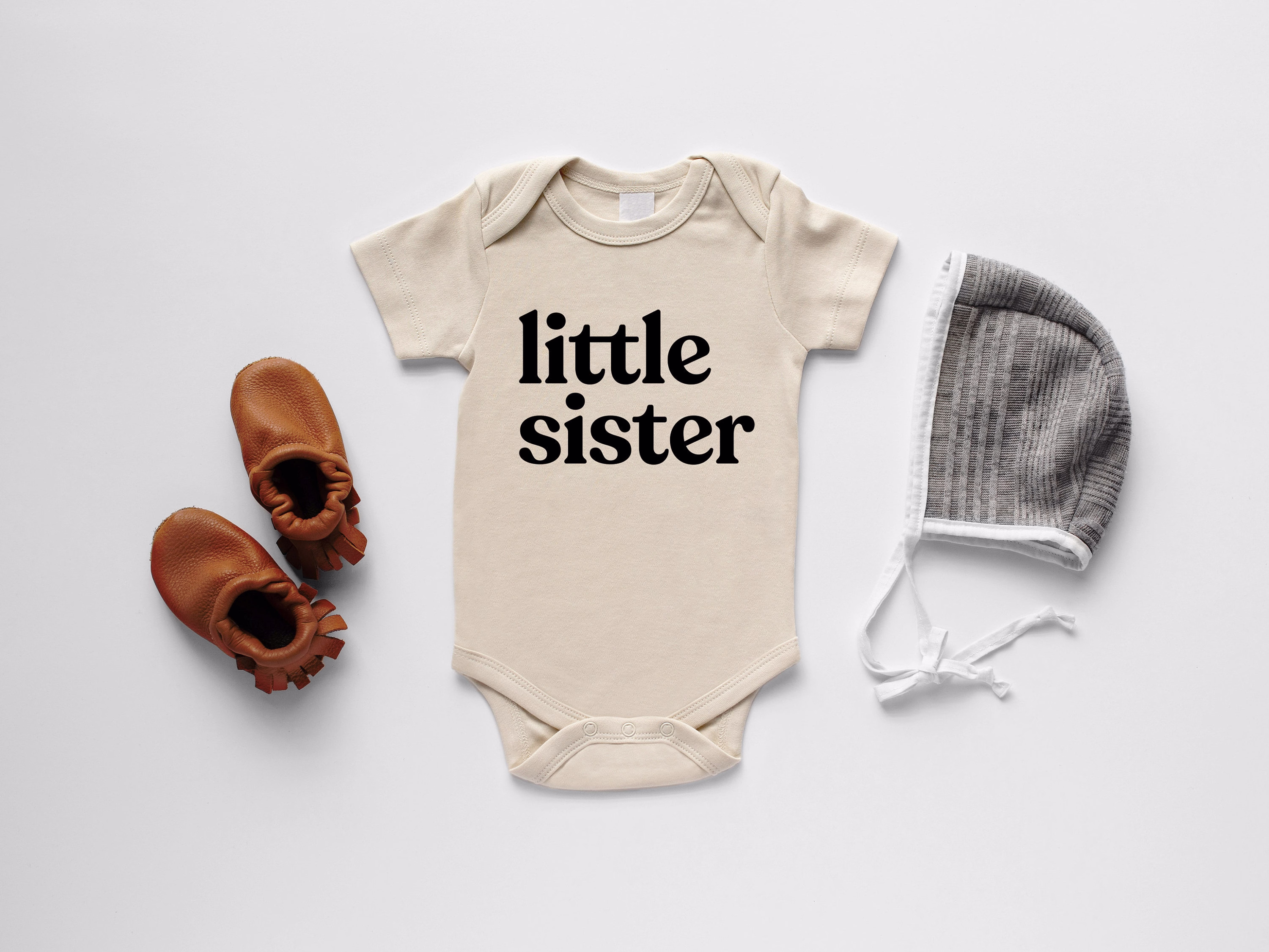 Little Sister Organic Baby Bodysuit Modern Gots Certified Outfit Unique Luxe Hand-Printed in Cream Cotton & Black Ink