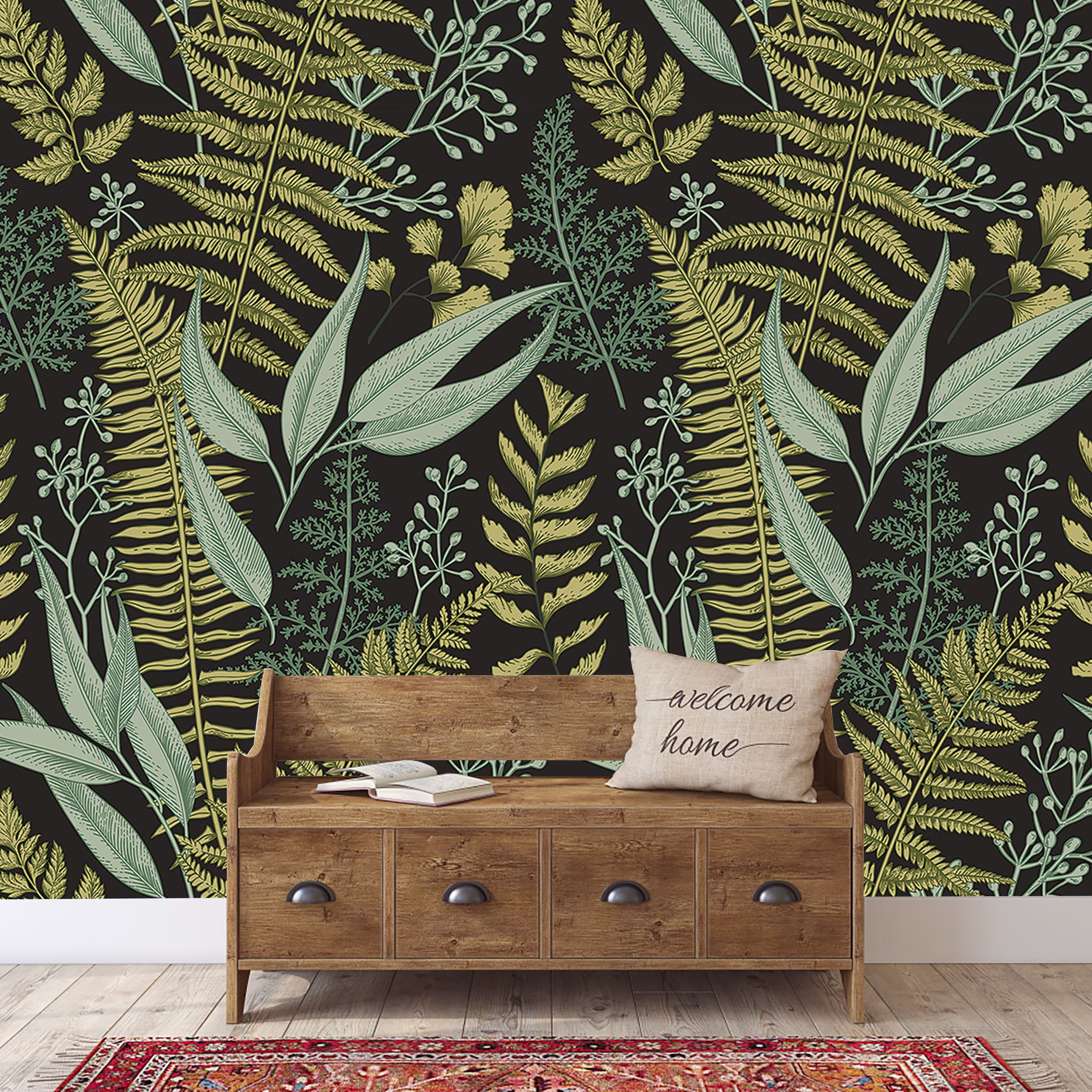 Botanical Wallpaper, Ferns Wall Mural, Green Home, Herbal Decorations, Peel & Stick, Removable Temporary Wall Art