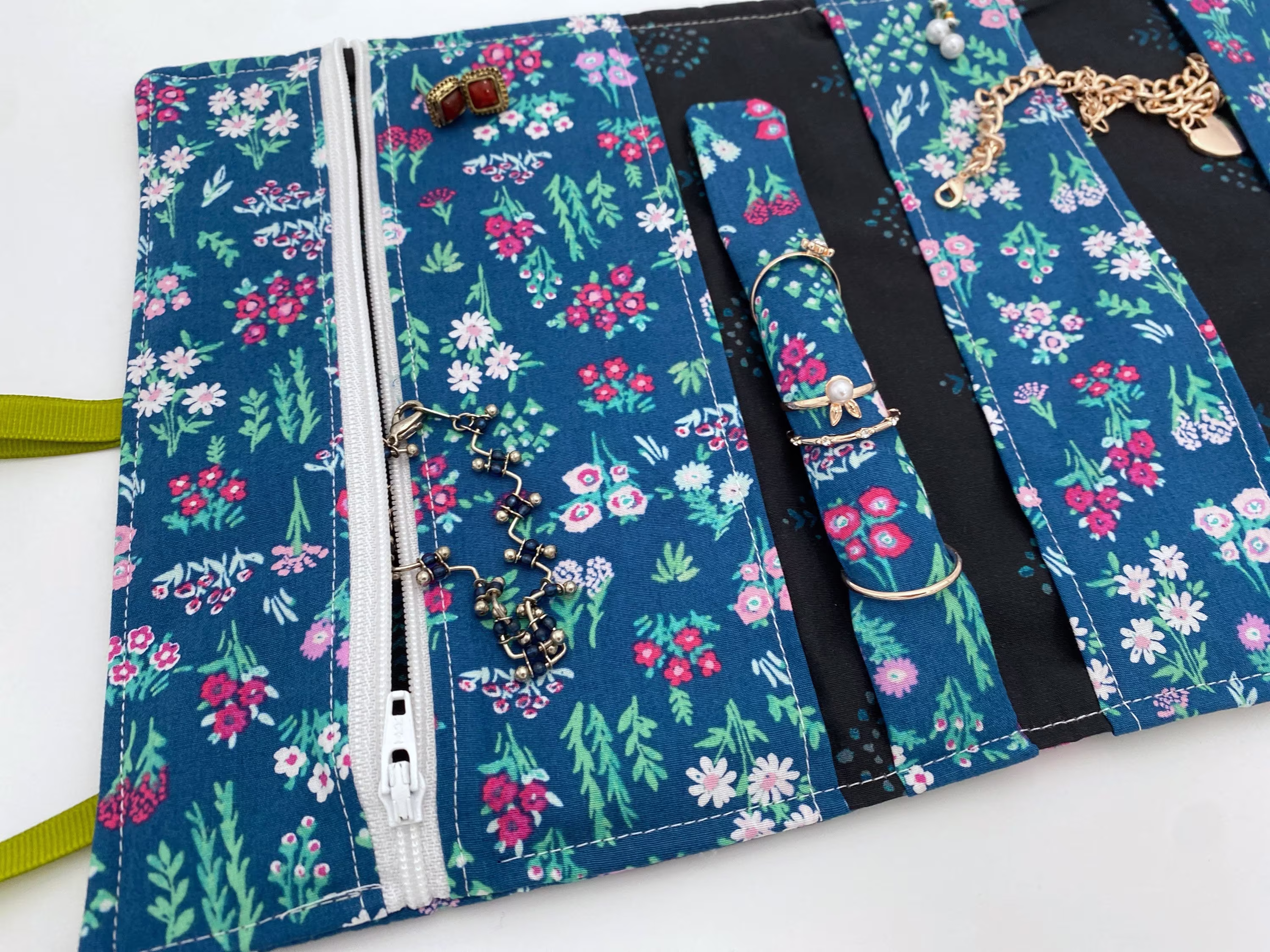 Travel Jewelry Organizer, Roll, Fabric Pouch, Blue Case, Ring Holder - Aquarelle Flora