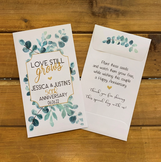 Eucalyptus Anniversary Love Still Grows Seed Packet Favors, Gold Any Year, With Or Without Seeds | Set Of 15, Sp20079