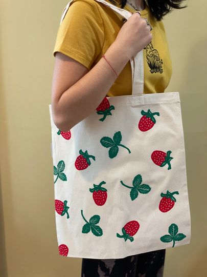 strawberry Tote Bag, Organic Cotton, Block Print, Farmers Market, Nature Lover, Fruit Gift For Her, Market Bag, Grocery Bag
