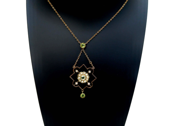 Vintage Peridot & Seed Pearl Pendant, Antique Necklace, Victorian Yellow Gold, & Anniversary Gift
