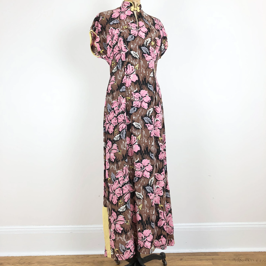 1940S Pink Hibiscus Print Cold Rayon Liberty House Maxi Dress S M