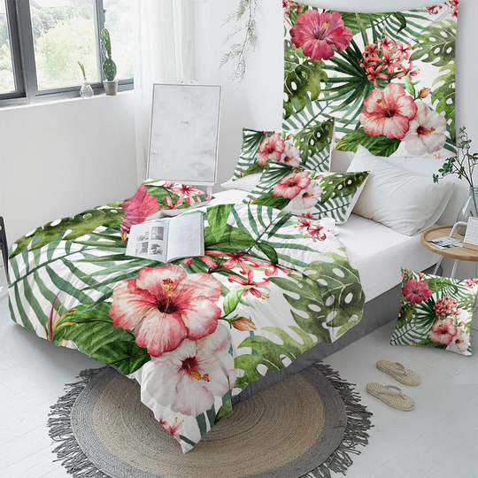 Tropical Duvet Cover, Hawaiian Comforter Hibiscus Flowers Palm Tree Leaves Quilt King - Queen Full Twin Size Bedding Set