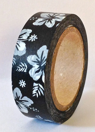 Hawaiian Hibiscus Floral Washi Tape White On Black 15mm X 10 Meters