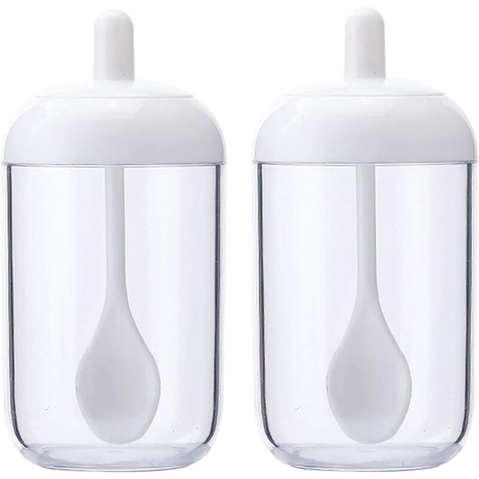 Litzee - 2 spice jars, transparent white spice rack, spice box with spoon lid, plastic spice jars, spice / herb storage for kitchen, dining table,