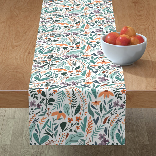 Teal Plants Table Runner - Herbs By Lena_Nikolaeva Wild Grass Orange Purple White Blue Nature Cotton Sateen Spoonflower