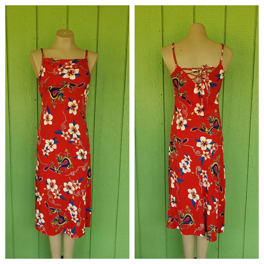 Vintage Summer Tropical & Dragon Print Dress By Las Manos | Red With Hibiscus S