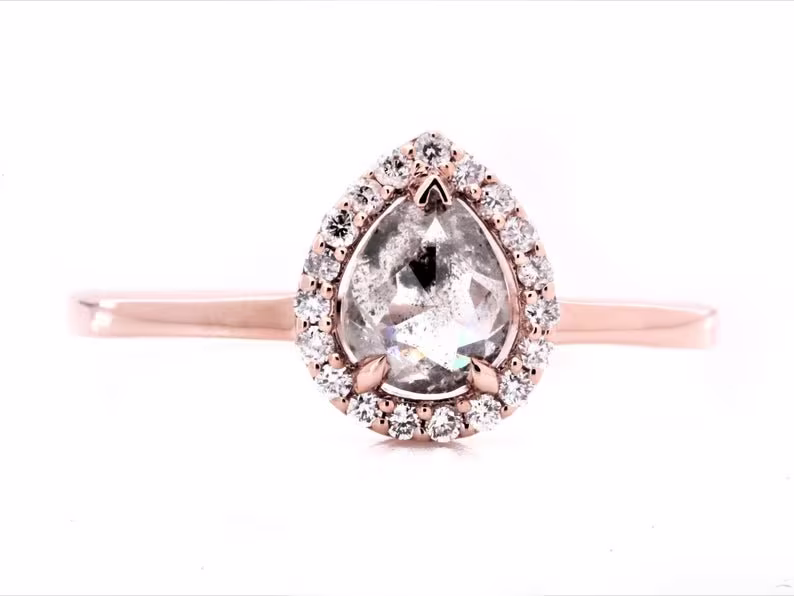 Salt & Pepper Diamond Natural Pear Engagement Ring 14K Gold Gray Color Anniversary Gift For Her