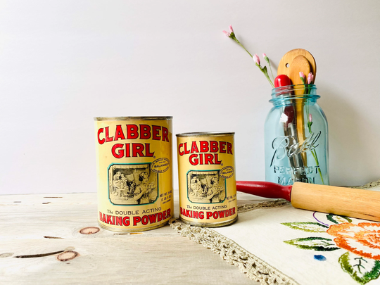 Vintage Set Of 2 Clabber Girl Baking Powder Small & Large Tin Cans With Paper Label Lid
